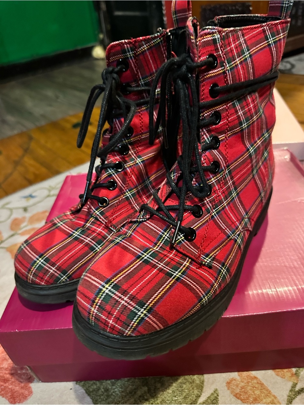 Red Plaid Lace-Up Women's Ankle Boots